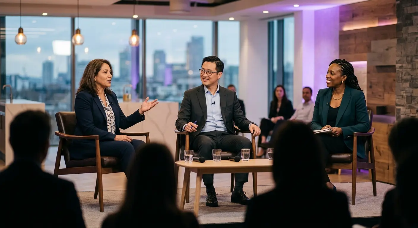 Panel discussion at a modern innovation studio with executives engaged in conversation